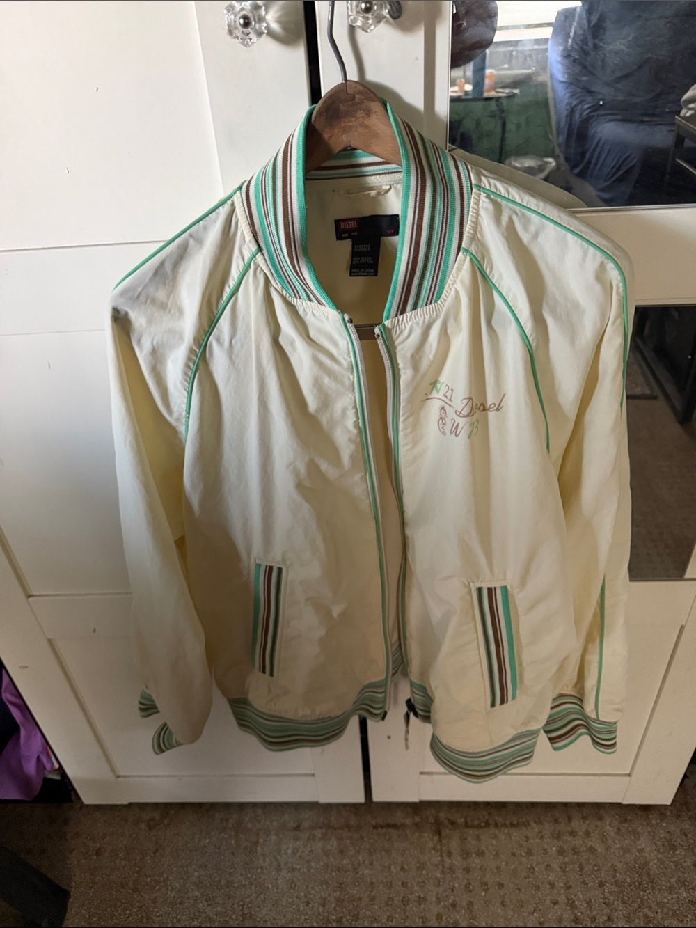 Diesel Cream Bomber Jacket with Mint and Brown Striped Trim